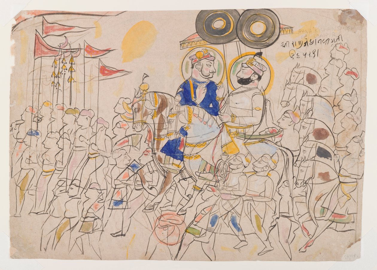 Raja Ram Singh II z Kotah i Ramkishan Singh z Udaipur, ok. 1850 (tusz i kolor na papierze) cm) autorstwa Indian School