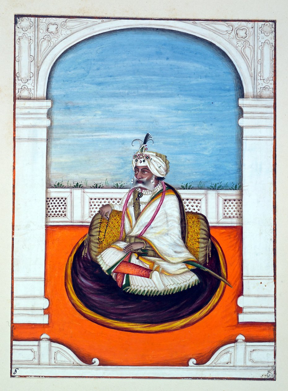 Rajah Gulab Singh, z Królestwo Pendżabu, jego władcy i wodzowie, tom I, tom 27 studiów akwarelowych autorstwa niezidentyfikowanego indyjskiego artysty, ok. 1840 (wc na papierze) autorstwa Indian School