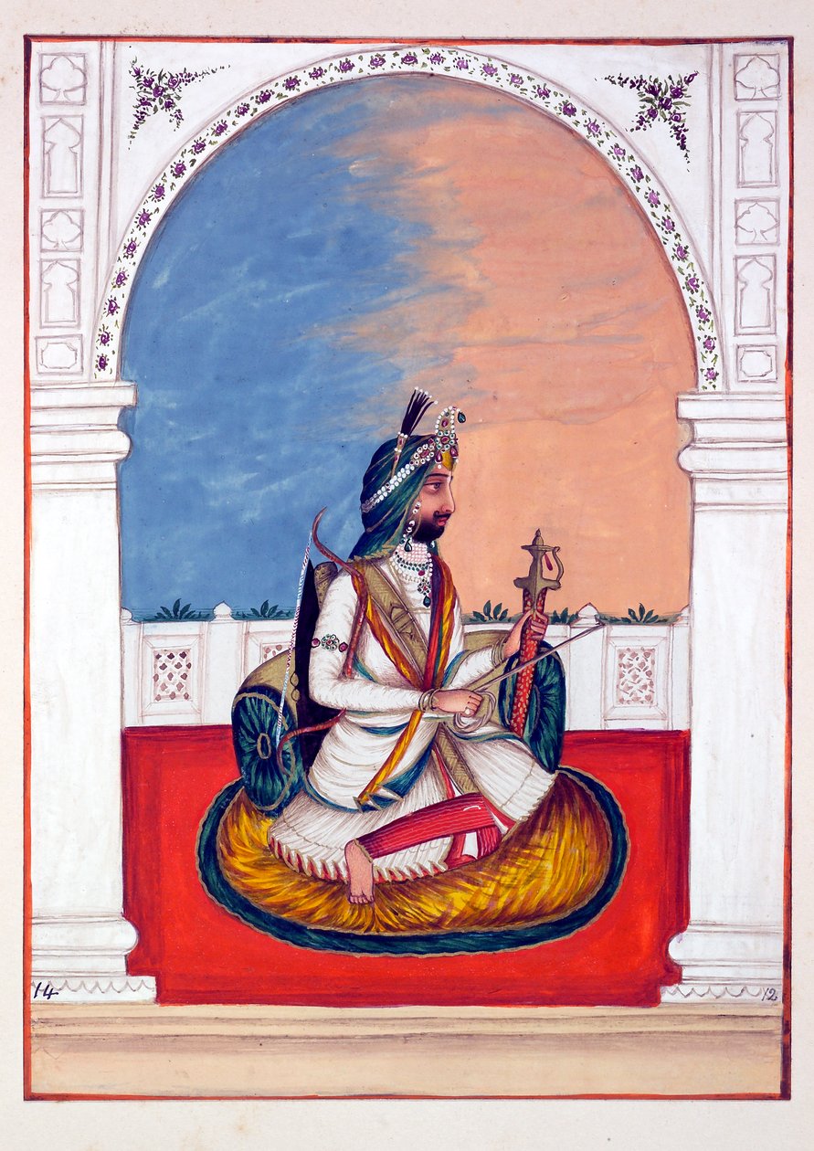 Rajah Hira Singh, z Królestwo Pendżabu, jego władcy i wodzowie, tom I, tom 27 studiów akwarelowych autorstwa niezidentyfikowanego artysty indyjskiego, ok. 1930 r. 1840 (wc na papierze) autorstwa Indian School