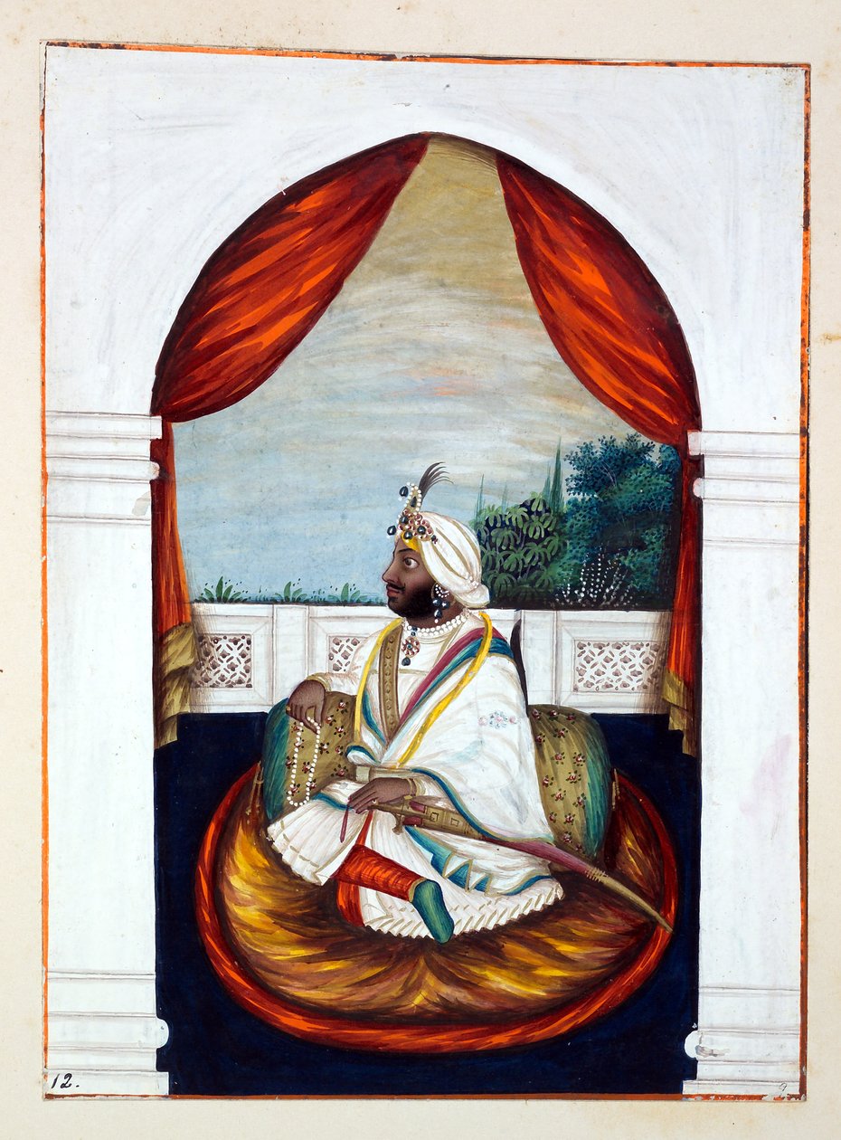 Rajah Sher Singh, z Królestwo Pendżabu, jego władcy i wodzowie, tom I, tom 27 studiów akwarelowych autorstwa niezidentyfikowanego indyjskiego artysty, ok. 1840 (wc na papierze) autorstwa Indian School