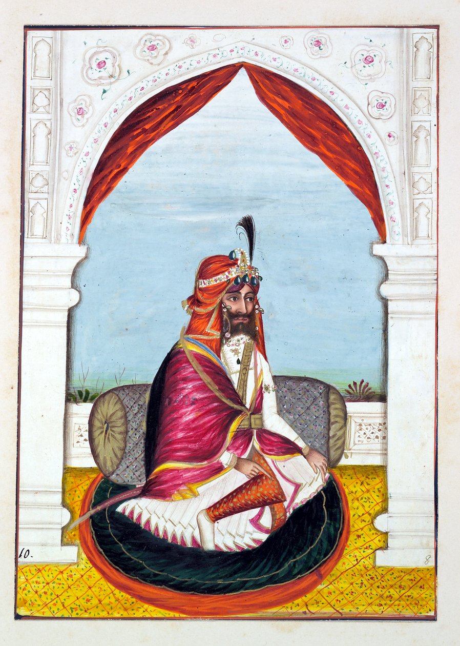 Rajah Suchet Singh, z Królestwo Pendżabu, jego władcy i wodzowie, tom I, tom 27 studiów akwarelowych niezidentyfikowanego indyjskiego artysty, ok. 1840 (wc na papierze) autorstwa Indian School