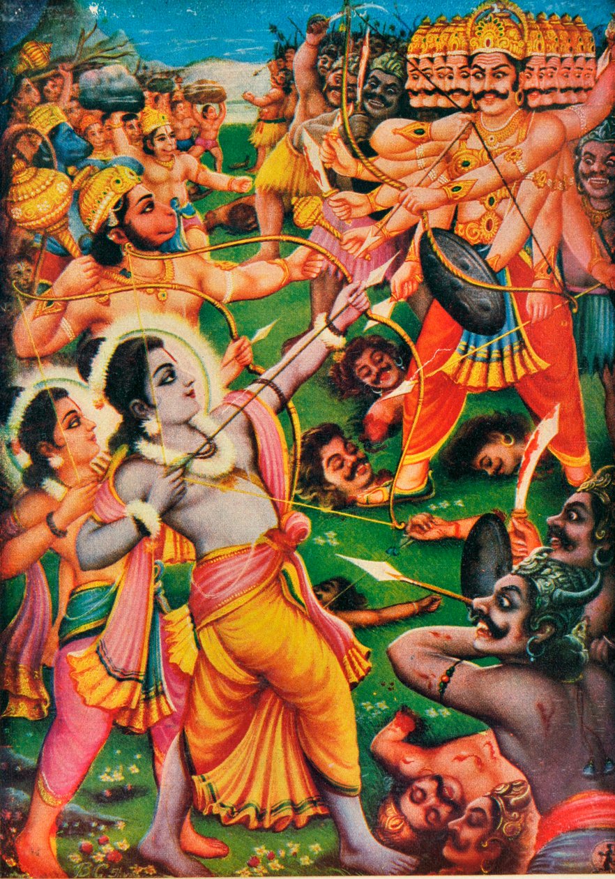 Rama i Hanuman walczą z demonem Ravaną, scena z Ramajany autorstwa Indian School