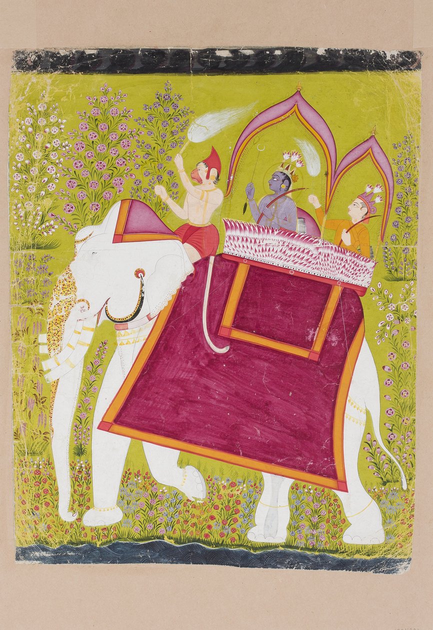Rama i Lakszman w holu białego słonia z Hanumanem w roli kornaka, koniec XVIII w. (nieprzezroczyste wc na papierze) autorstwa Indian School