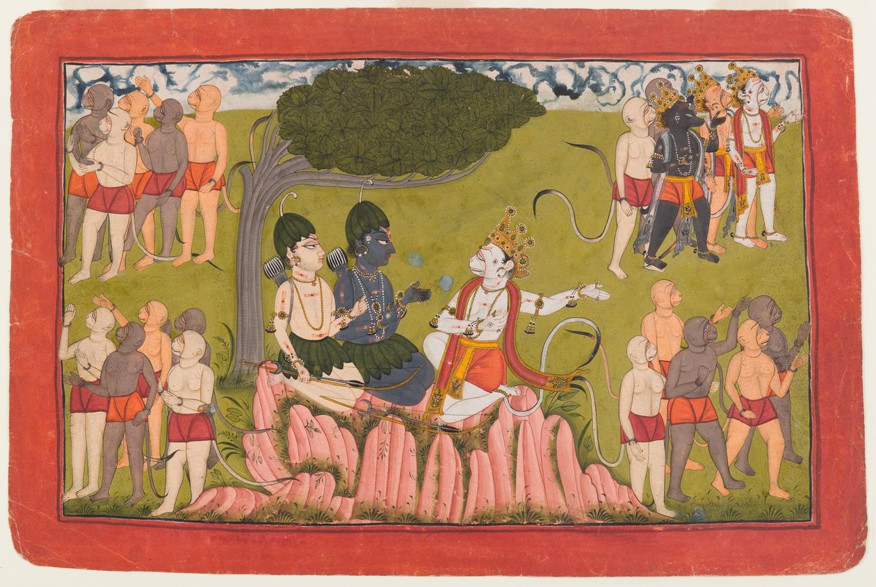 Rama i Lakszmana naradzają się z Sugrivą w sprawie poszukiwania Sity, folio z rozproszonej serii Ramajany, ok. 1770-10 (wc na papierze) autorstwa Indian School