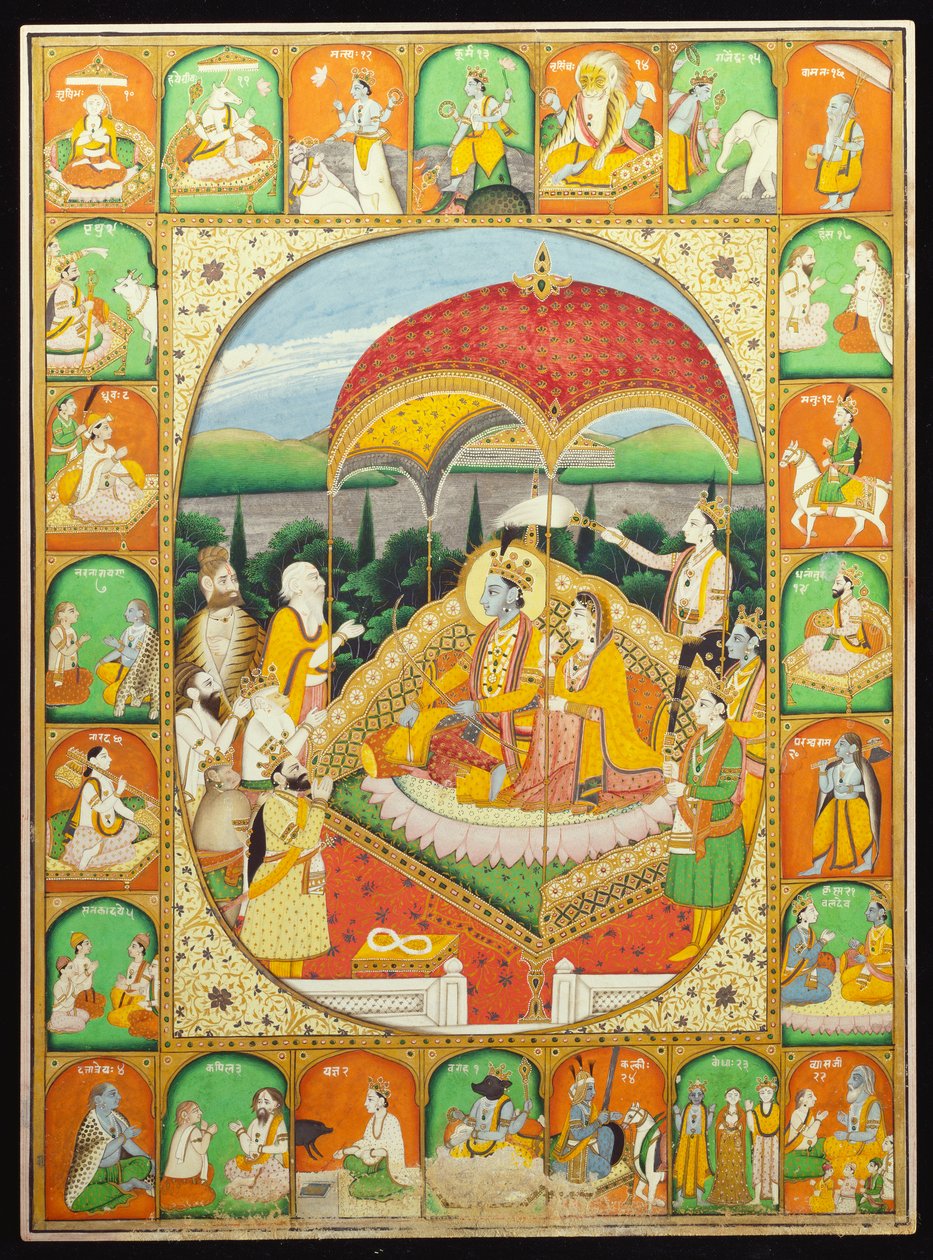 Rama i Sita na tronie, czczony przez Śiwę, Hanumana i innych, 1800-20 autorstwa Indian School