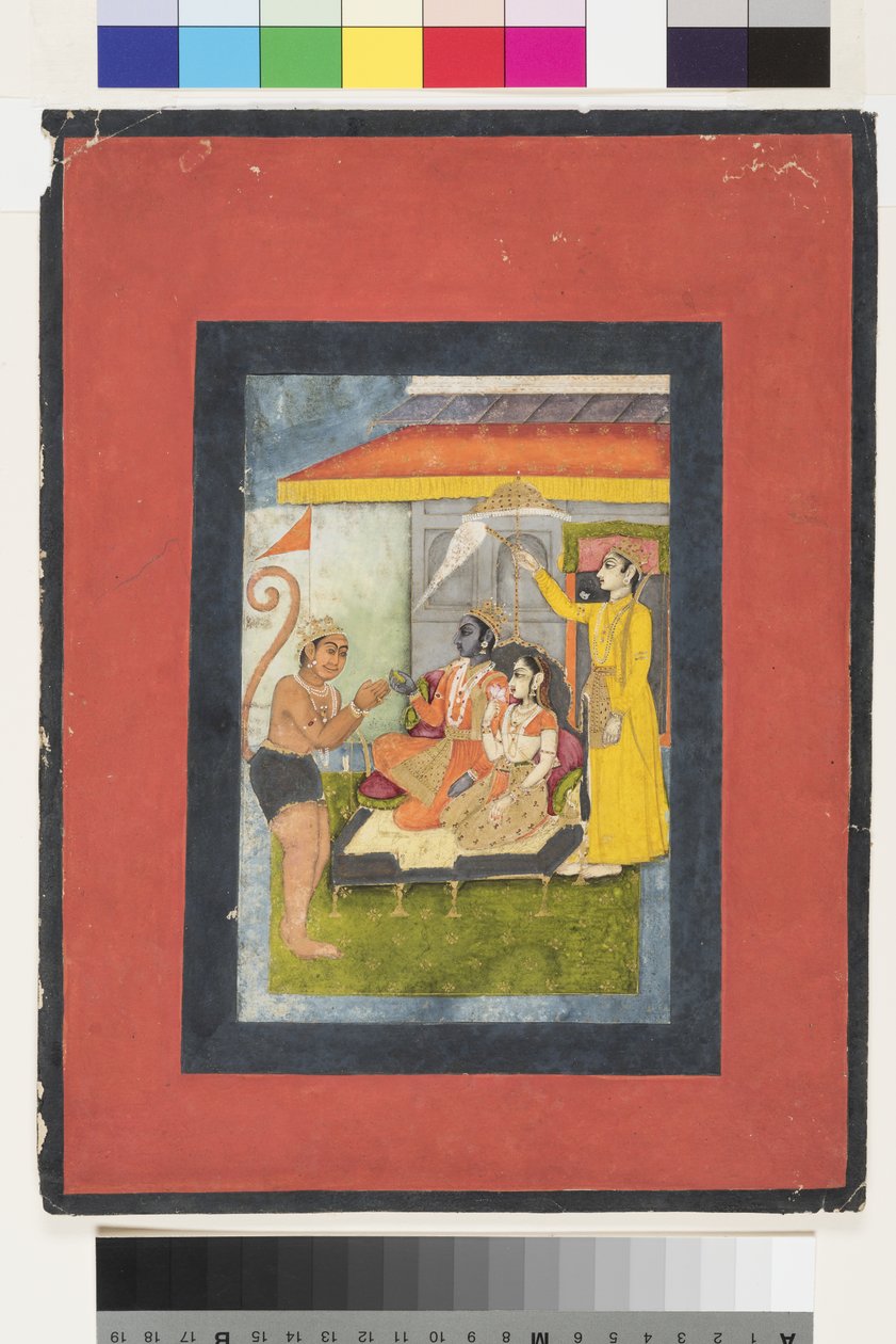 Rama i Sita na tronie, adorowani przez Hanumana; Lakszmana trzyma morchal, ok. 1780 (nieprzezroczysta toaleta i złoto na papierze) autorstwa Indian School