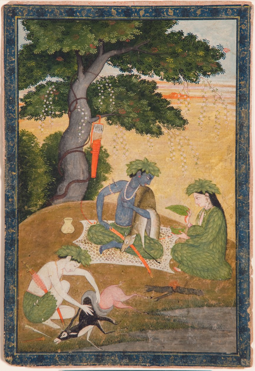 Rama, z Sitą i Lakszmaną w lesie, z Ramajany, ok. 1790 (nieprzezroczysta toaleta i złoto na papierze) autorstwa Indian School