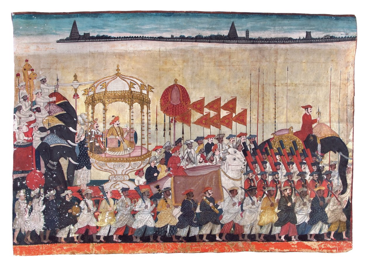 Rao Tuljaji w procesji, ok. 1775 (nieprzezroczysta toaleta i złoto na papierze) autorstwa Indian School