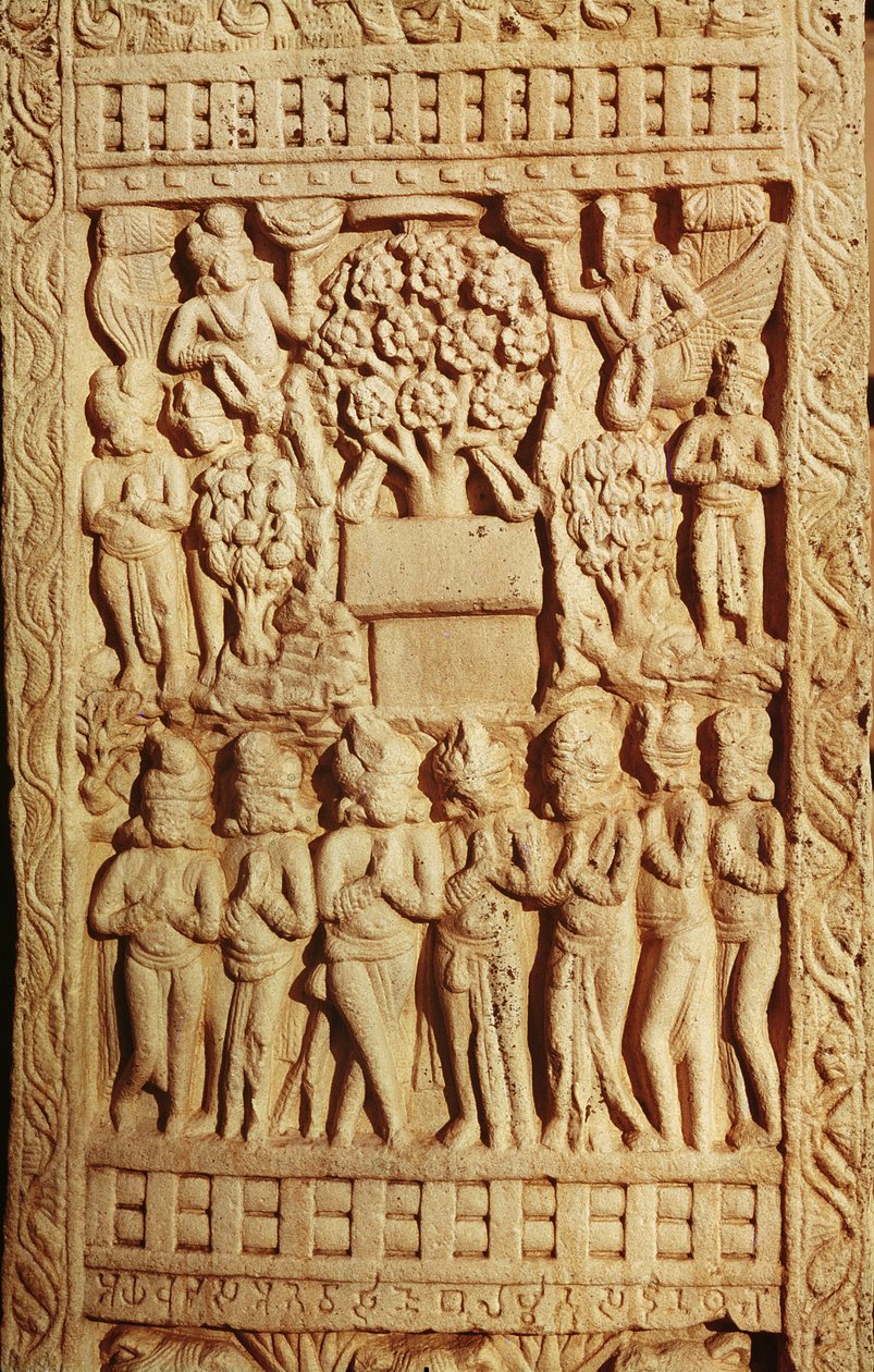 Płaskorzeźba przedstawiająca adorację Buddy reprezentowaną przez drzewo, Późny Okres Mauryański, Dynastia Sunga (180-72 p.n.e.) autorstwa Indian School