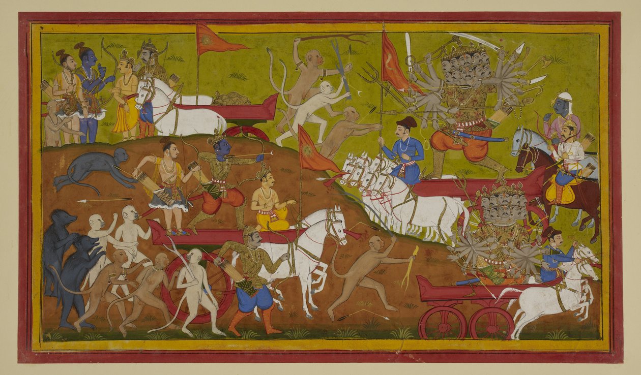 Rāma otrzymuje rydwan i zbroję Indry, zaciekle walczy z Rāvaṇą, zmuszając go do odwrotu autorstwa Indian School