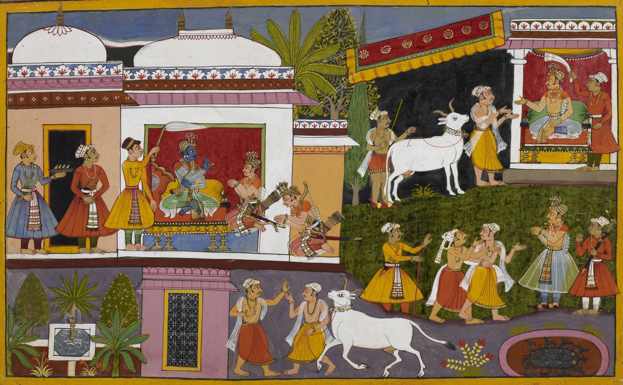 Po powrocie Rāma opowiada Lakṣmaṇa historię króla Nrigi i dwóch braminów autorstwa Indian School
