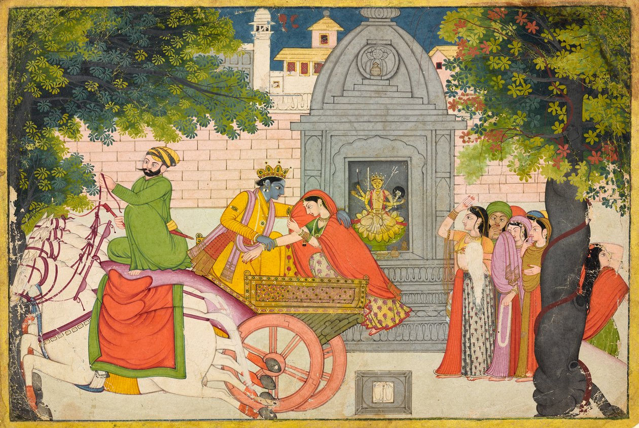 Rukmini ucieka z Kryszną, folio z Bhagavata Purany, ok. 1780 autorstwa Indian School