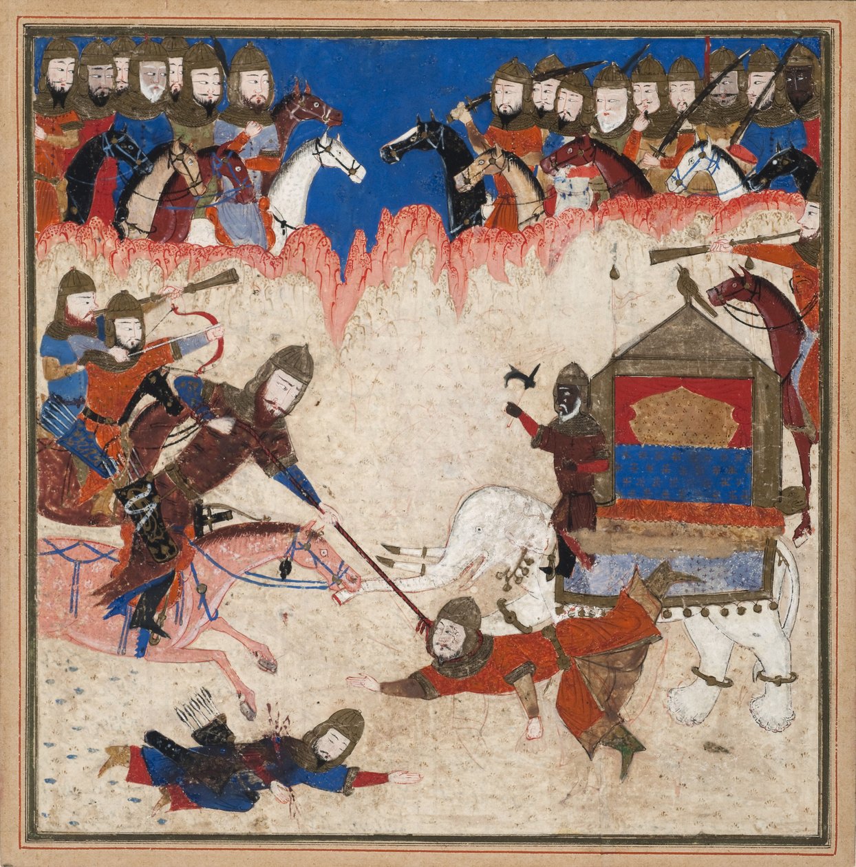 Rustam lassos, Khaqan z Chin i wyciąga go ze swojego słonia, ok. 1450 (nieprzezroczysta toaleta i złoto na papierze) autorstwa Indian School