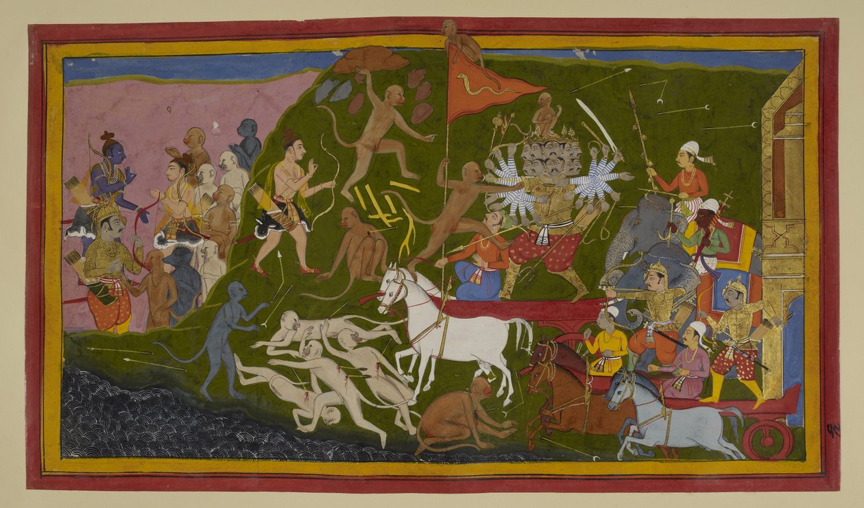 Rāvaṇa rani małpy; Hanumān i Lakṣmaṇa atakują go, rzucając mu wyzwanie autorstwa Indian School