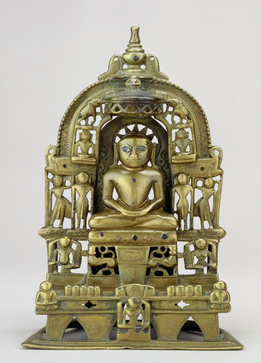 Siedzący wizerunek Jain Tirthankara Kuntanatha, Vasantagarh, południowy Radżastan, 1476 (mosiądz z miedzianymi i srebrnymi inkrustacjami) autorstwa Indian School