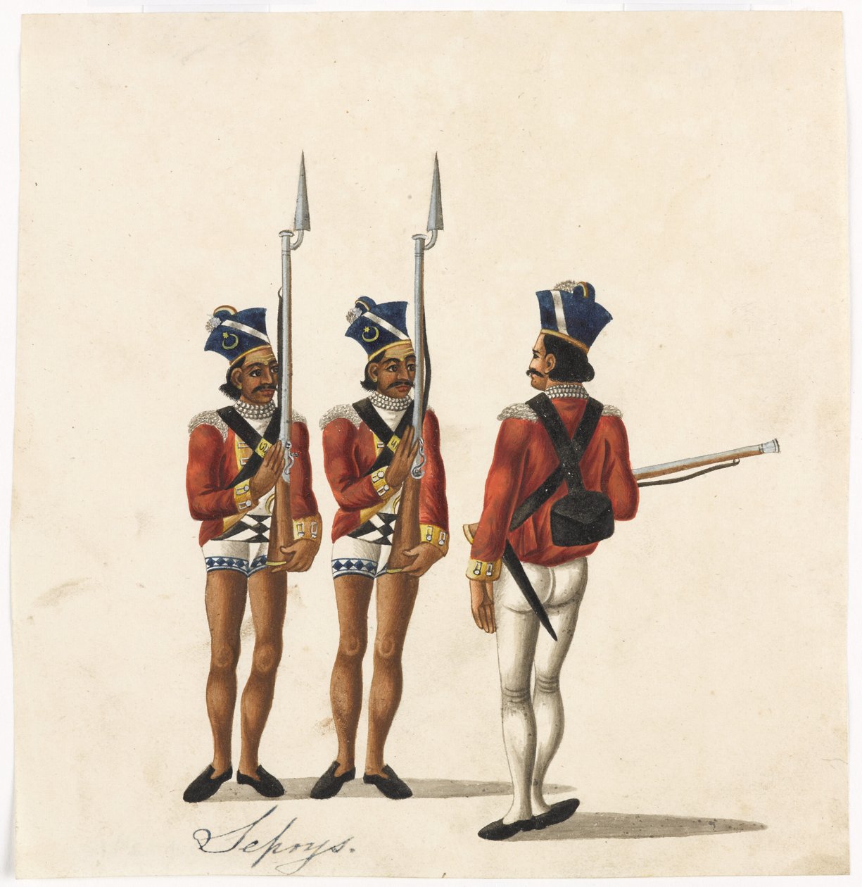 Sepoys i indyjski oficer, armia bengalska, c.1815 (akwarela na papierze) autorstwa Indian School