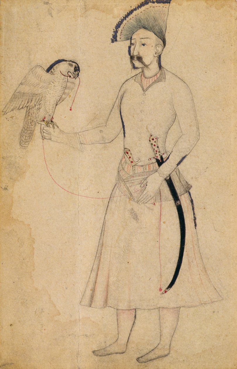 Szach Abbas I z Persji (1588-1629) trzymający sokoła, według oryginału z początku XVII wieku, Mughal, początek XIX wieku (rysunek pędzlem na papierze) autorstwa Indian School