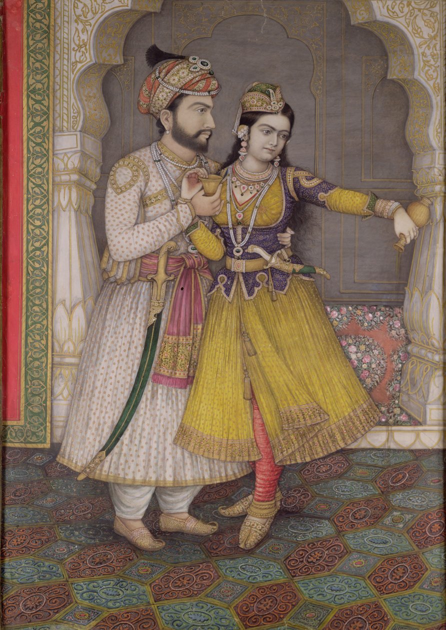 Shah Jahan i Qudsia Begum: Begum wylewa wino, Kalam autorstwa Indian School