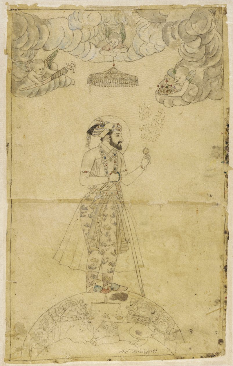 Shah Jahan stojący na globusie (złoto i kolor na papierze) autorstwa Indian School