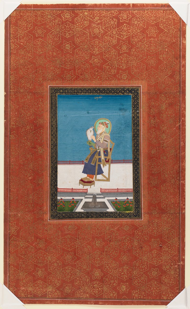 Shah Jahan z sokołem, 1875-1900 (nieprzezroczysta toaleta i złoto na papierze) autorstwa Indian School