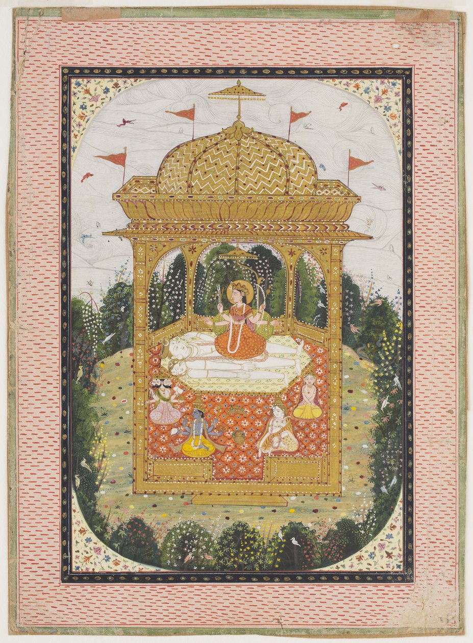 Shakti z Śiwą i innymi bogami w świątyni, ok. 1780 (gwasz i złocone na papierze) autorstwa Indian School