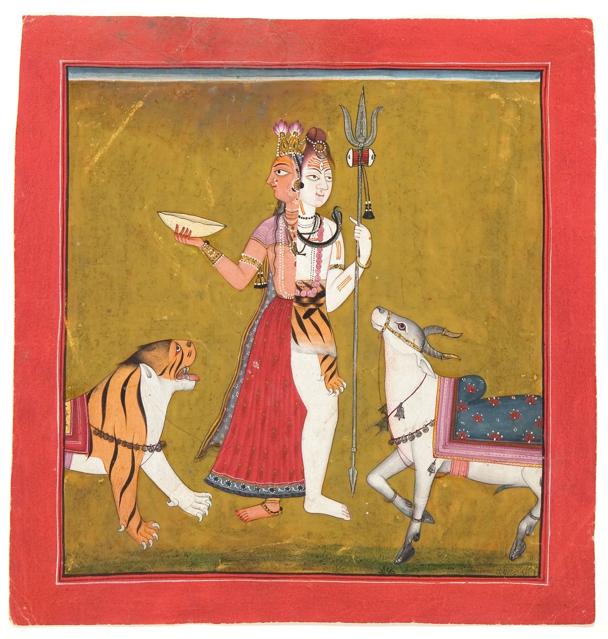 Shiva Ardhanarishvara, ok. 1715 (nieprzezroczysta toaleta, złoto i srebro na papierze) autorstwa Indian School