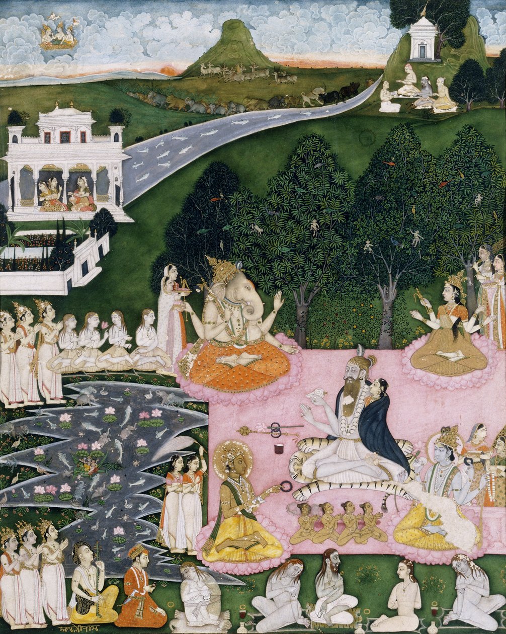 Shiva siedzący na skórze tygrysa, trzyma Devi owiniętego płaszczem, ok. 1760 autorstwa Indian School