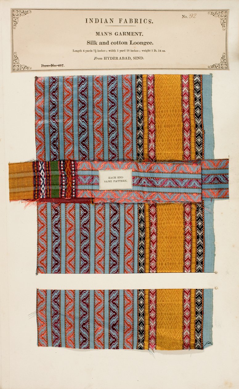 Próbka jedwabiu i bawełny Loongee z Hyderabadu w Sind, z The Collection of the Textile Manufacturers of India, autorstwa Johna Forbesa Watsona, opublikowana w 1866 r. autorstwa Indian School