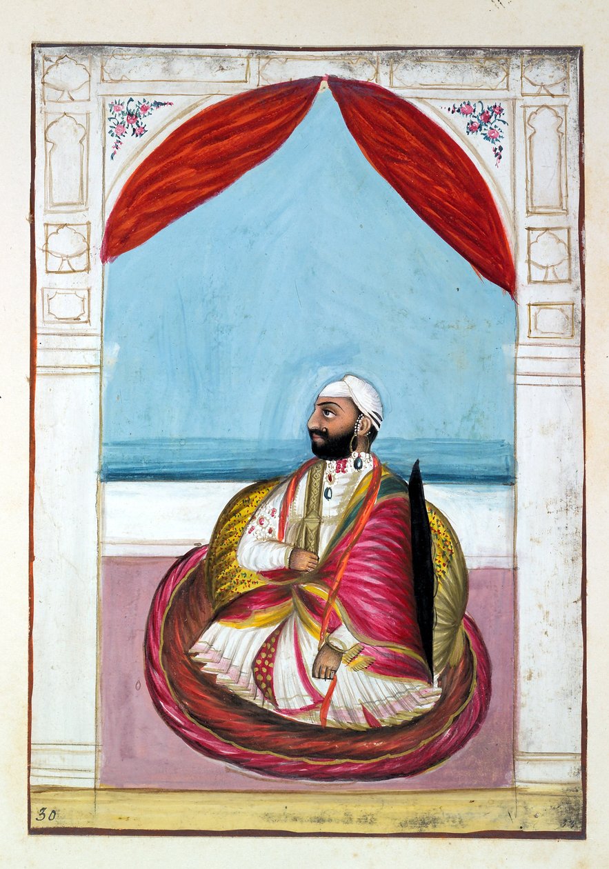 Sirdar Chet Singh, z Królestwo Pendżabu, jego władcy i wodzowie, tom II, tom 30 studiów akwarelowych niezidentyfikowanego indyjskiego artysty, ok. 1840 (wc na papierze) autorstwa Indian School