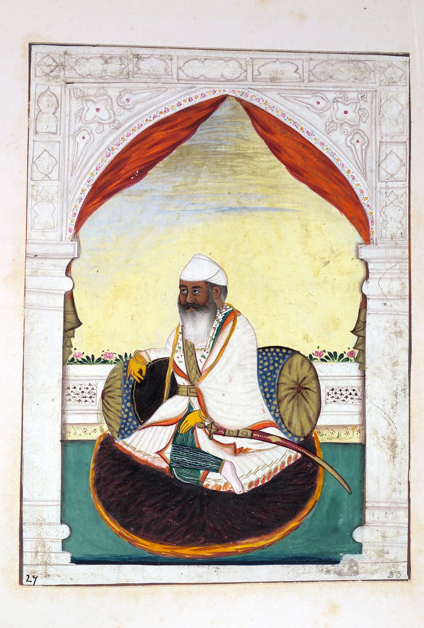 Sirdar Gurmukh Singh Bhai, z Królestwo Pendżabu, jego władcy i wodzowie, tom II, tom 30 studiów akwarelowych niezidentyfikowanego indyjskiego artysty, ok. 1840 (wc na papierze) autorstwa Indian School