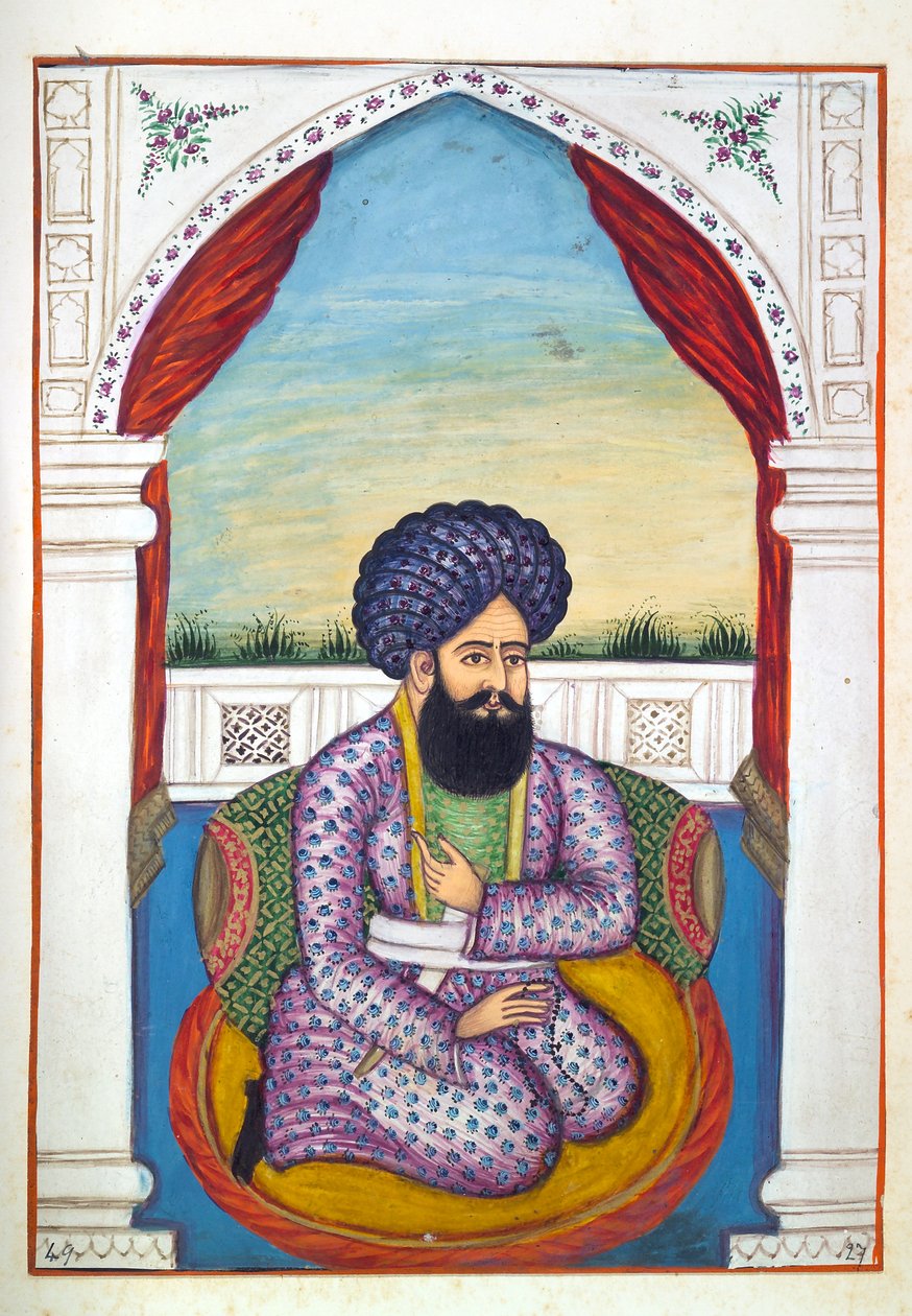 Sirdar Mohammad Sultan Khan, z Królestwo Pendżabu, jego władcy i wodzowie, tom II, tom 30 studiów akwarelowych niezidentyfikowanego indyjskiego artysty, ok. 1840 (wc na papierze) autorstwa Indian School