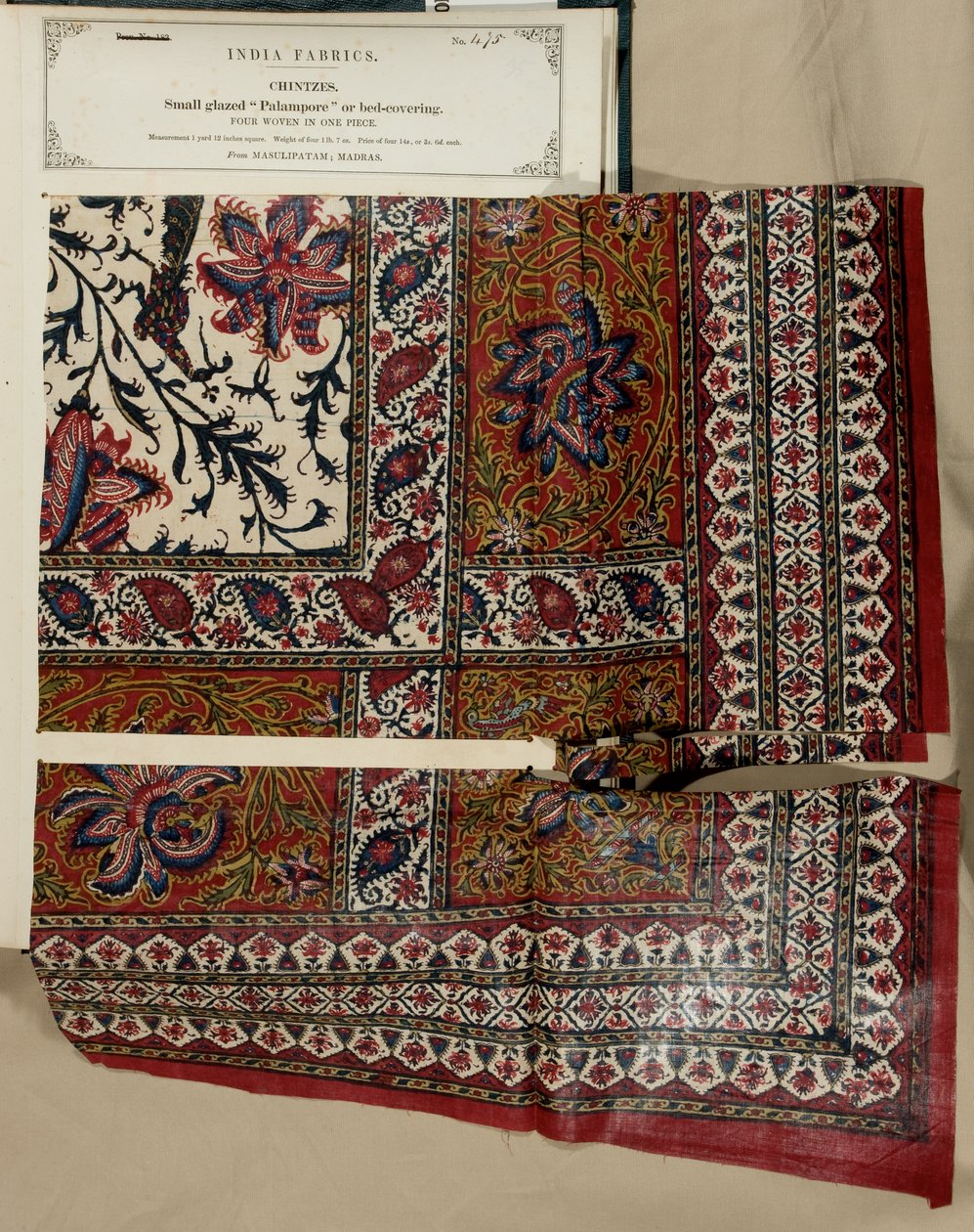 Mały oszklony palampore lub próbka nakrycia łóżka z Masulipatam w Madrasie, z The Collection of the Textile Manufacturers of India, Johna Forbesa Watsona, opublikowanej w 1866 r. autorstwa Indian School