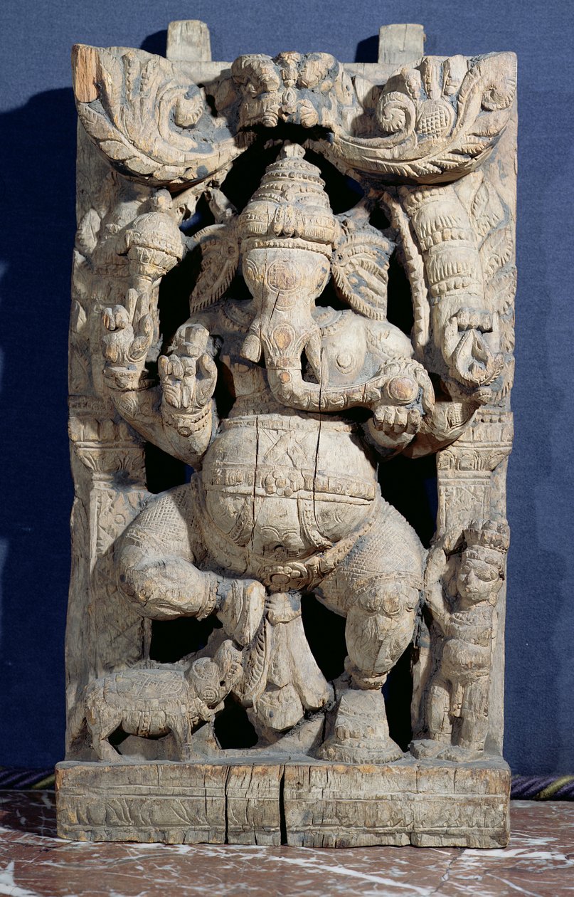 Posąg Ganesha na tronie (drewno) autorstwa Indian School