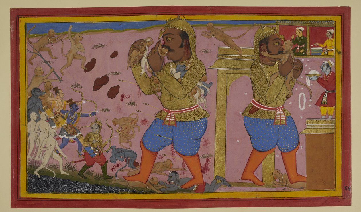 Sugrīva rani Kumbhakarṇa; ten odpiera atak Rāmy i jego sojuszników autorstwa Indian School