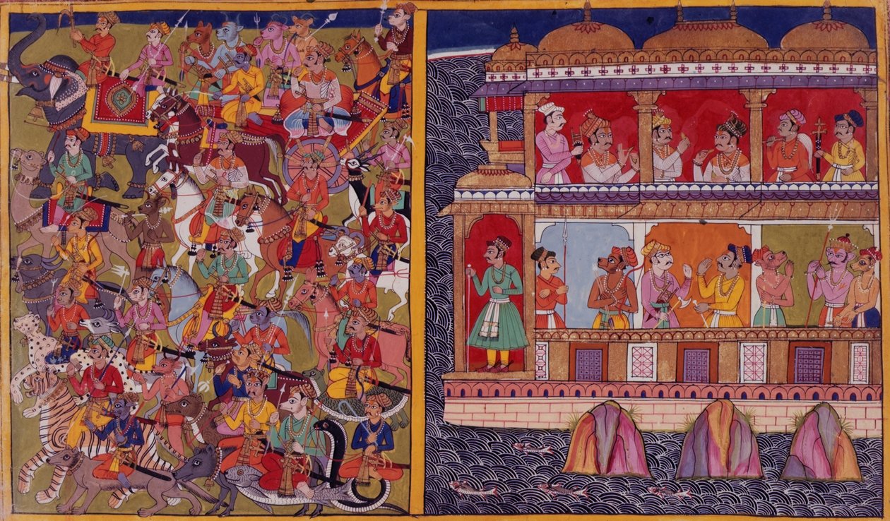 Synowie Sukeszy przygotowują się do bitwy, z „Ramayana, Uttara Kanda” 1653 (welum) autorstwa Indian School