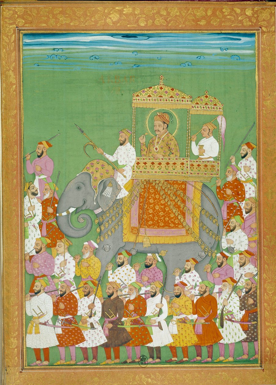 Sułtan Akbar jeździ na słoniu z dworem Szacha Alema. Miniatura z opowieści podróżniczej Niccolo Manucci (1638-1717), weneckiego odkrywcy. Indie autorstwa Indian School