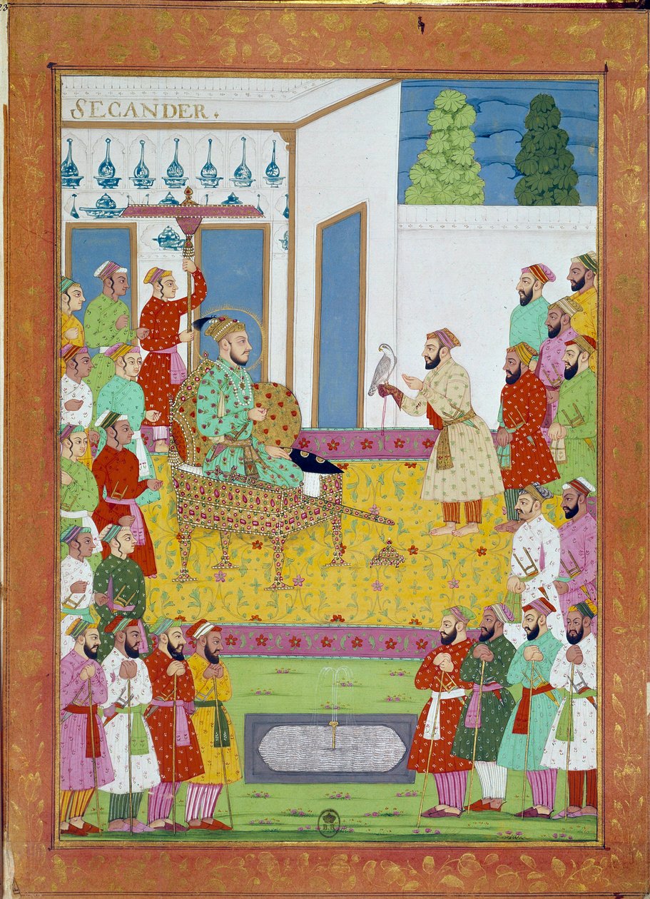Sułtan Iskander na dworze szacha Alema. Miniatura z opowieści podróżniczej Niccolo Manucci (1638-1717), weneckiego odkrywcy. Indie autorstwa Indian School