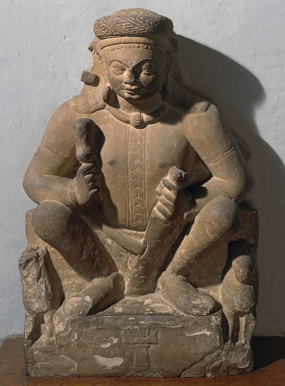 Surya, bóg słońca. Rzeźba z czerwonego piaskowca autorstwa Indian School