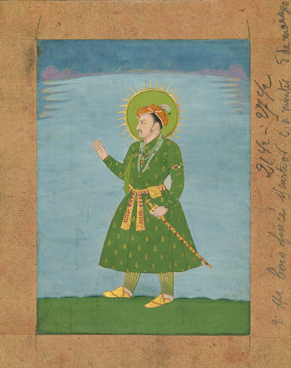 Czwarty cesarz Mogołów Jahangir (1605-1627) , c. miniaturowe malarstwo z początku XVII w. (tusz i pigmenty na brązowym papierze) autorstwa Indian School
