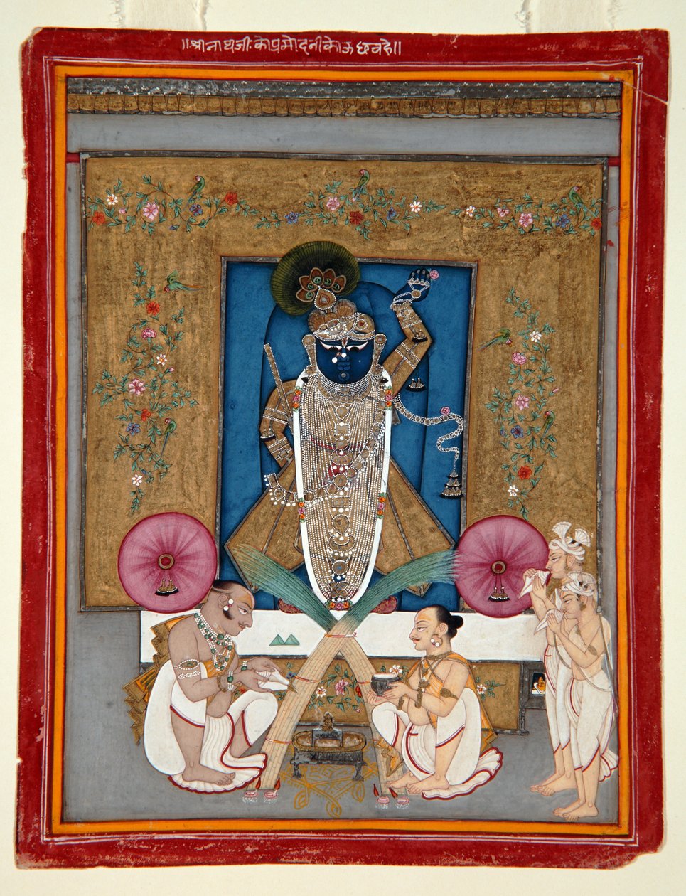 Adoracja Kryszny jako Shrinath ji, 1800-25 (nieprzezroczysta toaleta i złoto na papierze) autorstwa Indian School