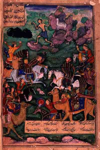 Bitwa klanów, folio 15b z wiersza Layla i Majnun, napisanego przez Amira Khusrau Dihlaviego (1253-1325) na podstawie opowieści z Khamsy (Kwintetu) Nizamiego, Mogołów, 1600 autorstwa Indian School