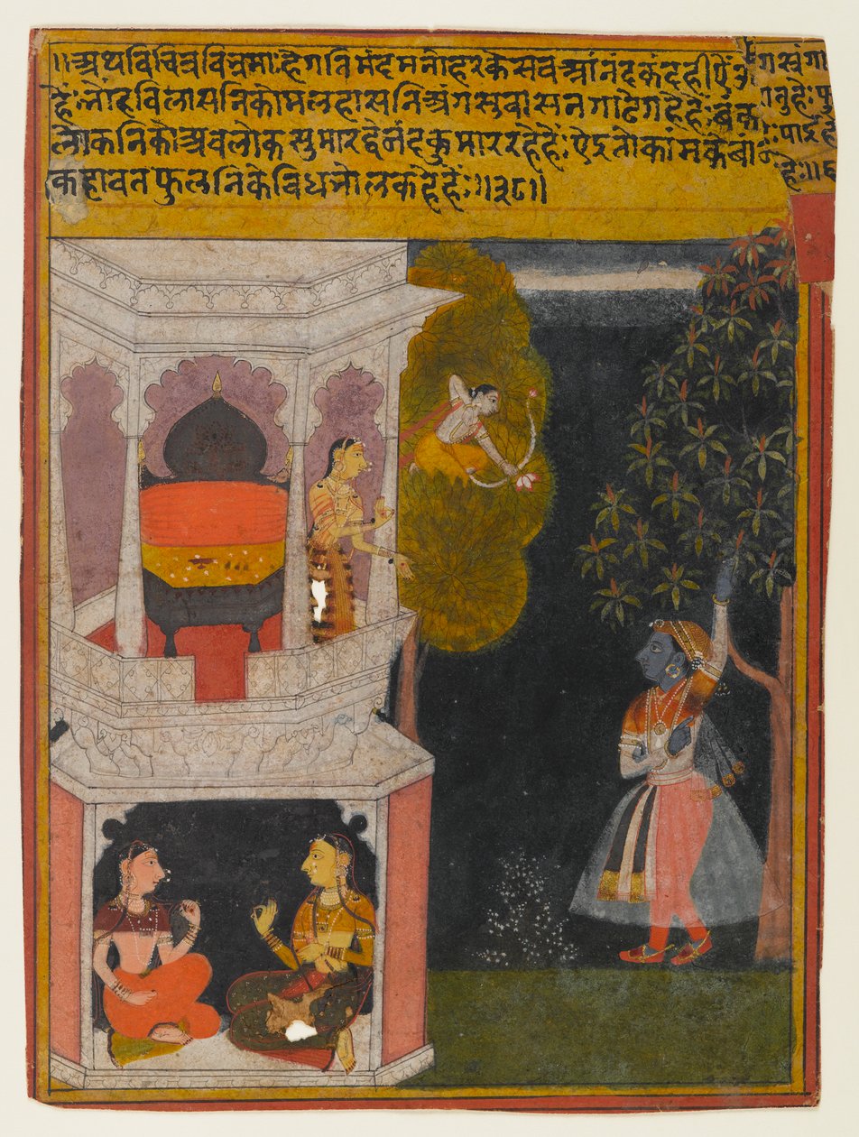 The Bewildered Nayika, Strona z serii Rasikapriya, ok. 1660-1690 (nieprzezroczysta toaleta i złoto na papierze) autorstwa Indian School