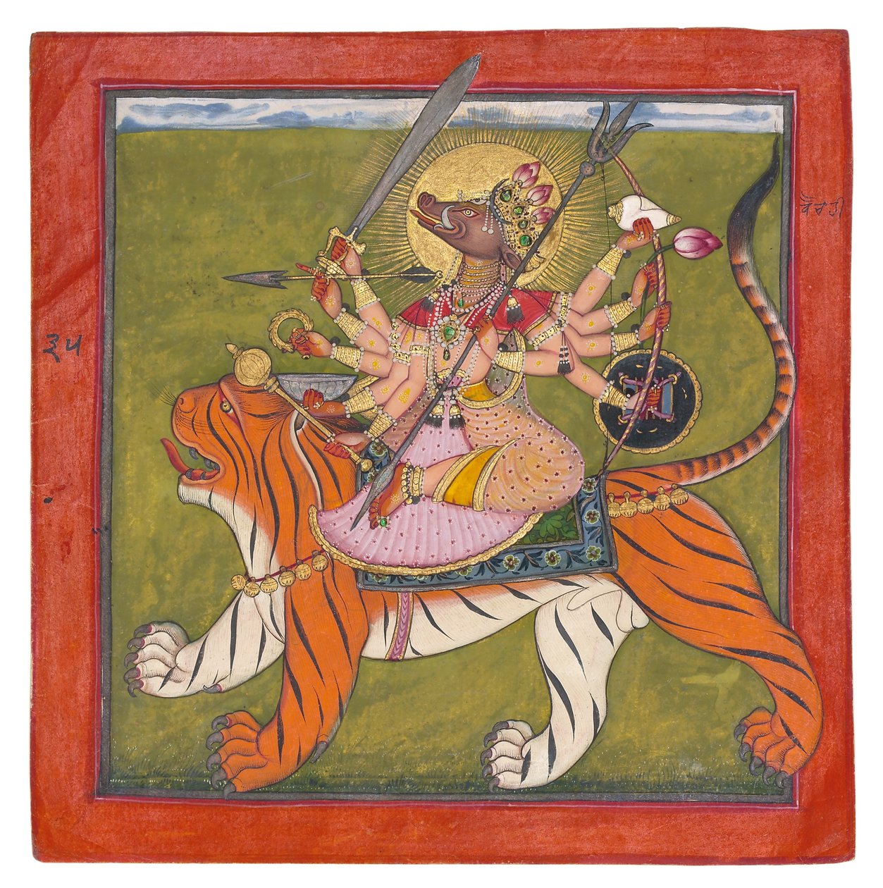 Bogini z twarzą dzika, Varahi, ok. 1660-70 (nieprzezroczysta toaleta, złoto, karapaks chrząszcza na papierze) autorstwa Indian School