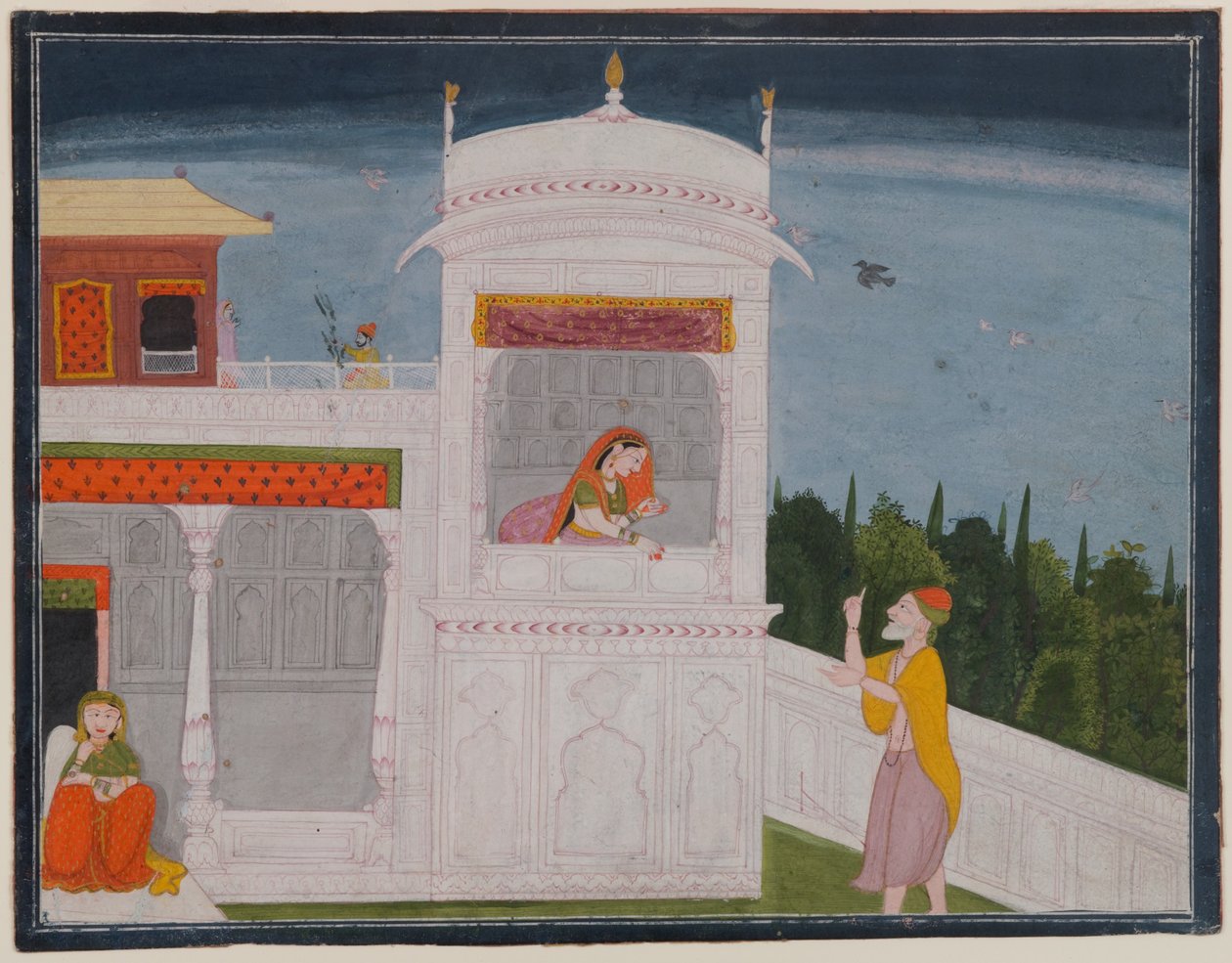 Brahmin Sudama i Rukmini w pałacu, strona z odcinka Sudama z serii Bhagavata Purana, ok. 1800 lub później (wc na papierze) autorstwa Indian School