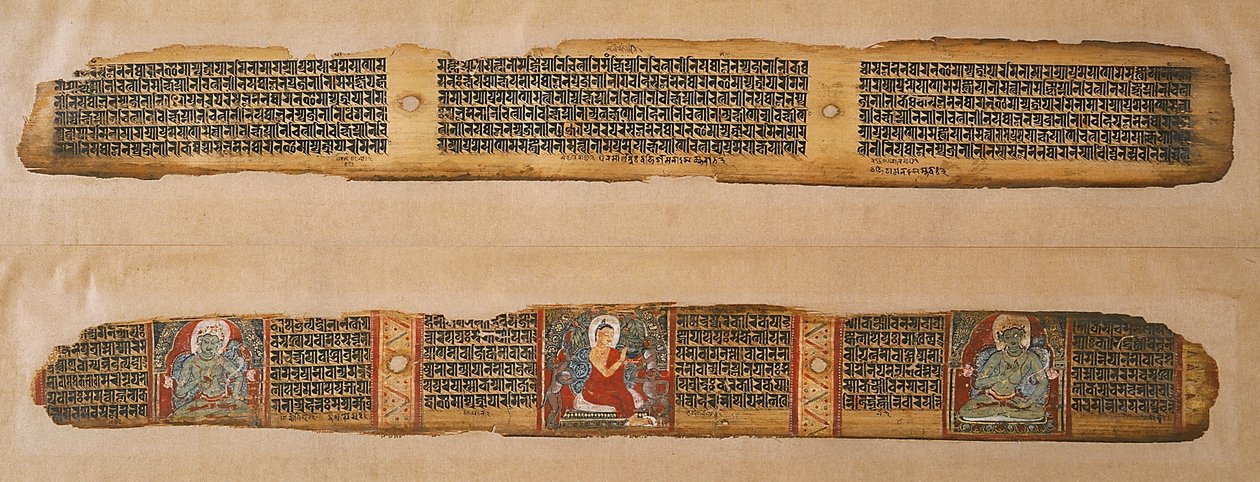 Budda rozdaje miód z rękopisu Prajnaparamita, Zachodni Bengal (nieprzezroczysta akwarela i tusz na liściu palmowym) autorstwa Indian School