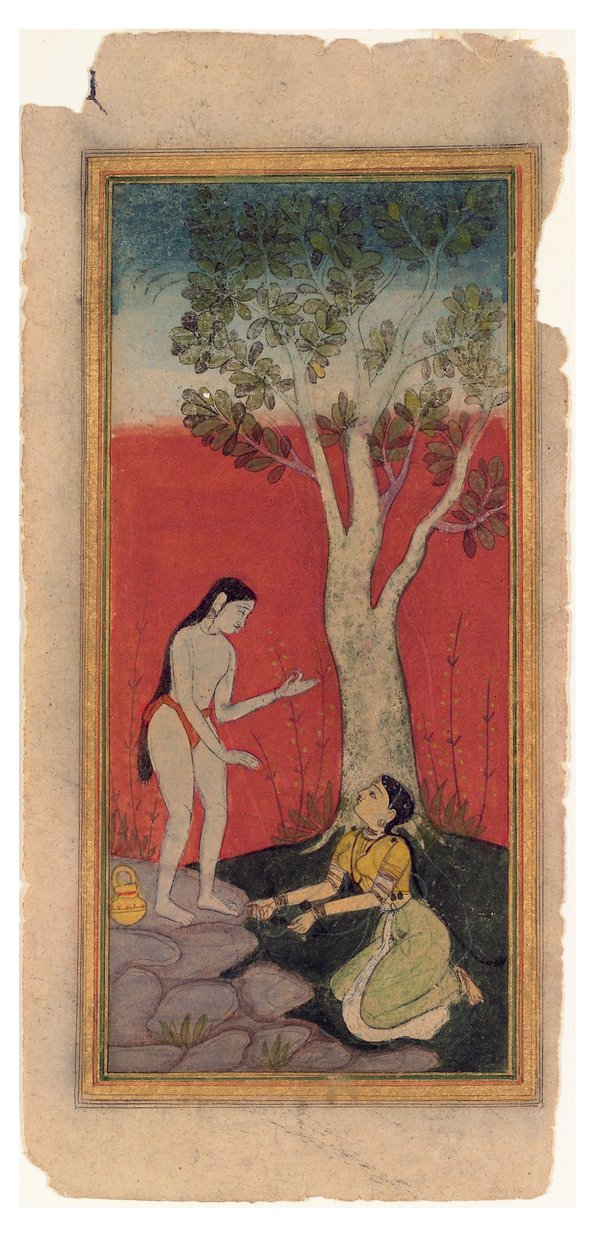 Niebiańska nimfa błaga u mędrca, ok. 1600 (nieprzezroczysta toaleta i złoto na papierze) autorstwa Indian School