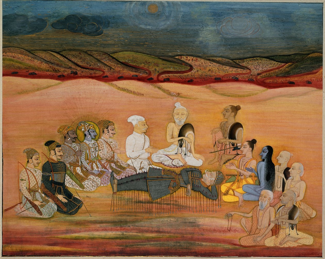Śmierć Bhiszmy, śmiertelnie rannego przez liczne strzały Ardżuny, ok. 1760-1770 autorstwa Indian School