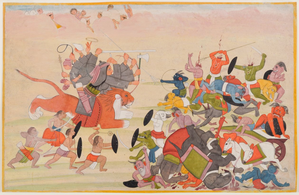 Devi pokonuje Mahishasurę, folio z rozproszonej serii Devi Mahatmya, ok. 1770-80 (wc na papierze) autorstwa Indian School