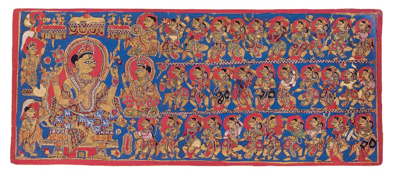 Niebiański dwór Indry, z Kalpasutry „Devasanaparo Bhandar”, ok. 1475 (nieprzezroczysta akwarela i złoto na papierze) autorstwa Indian School