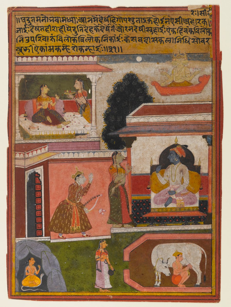 Bohaterka, której pragnienia są jawne, strona z serii Rasikapriya, ok. 1660-1690 (nieprzezroczysta toaleta i złoto na papierze) autorstwa Indian School